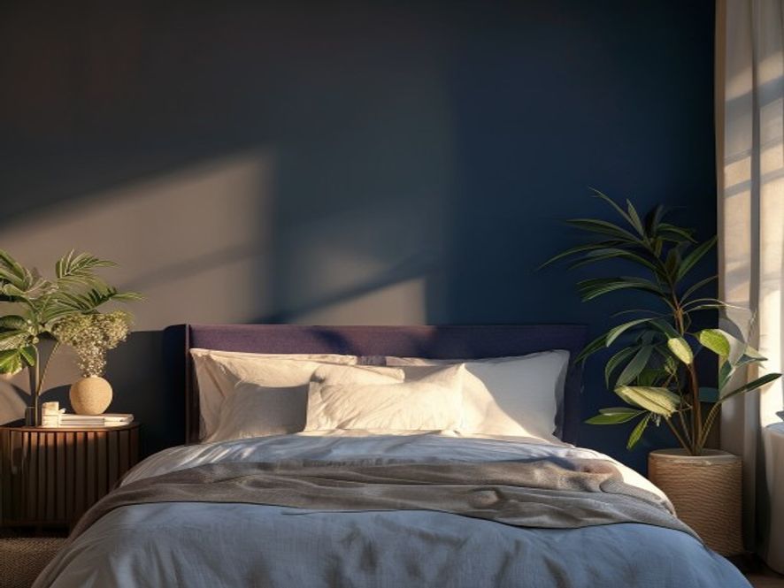 Minimalistische slaapkamer met zacht licht en natuurlijke stoffen